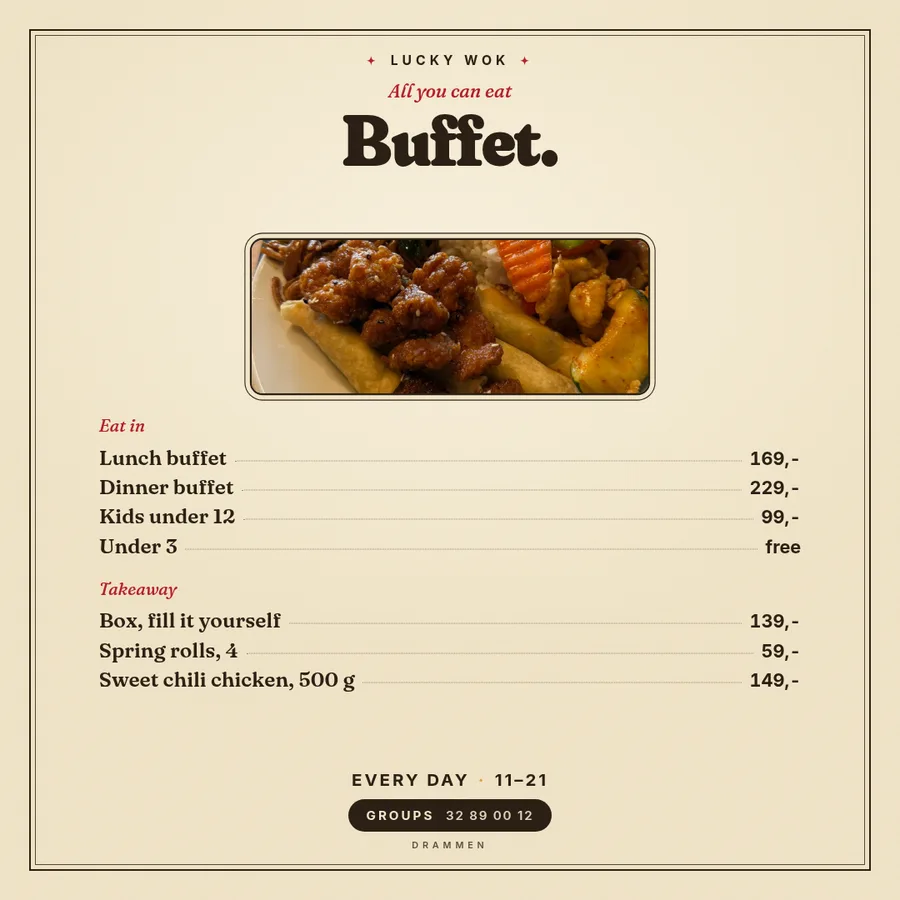Buffetplakat med en tallerken dere faktisk serverer. — Kvadrat