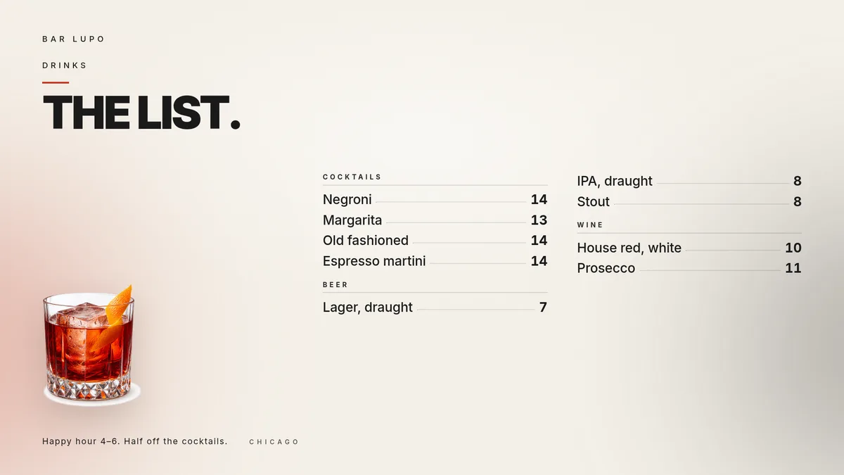 A drink menu template with the prices already in. — Screen 16:9