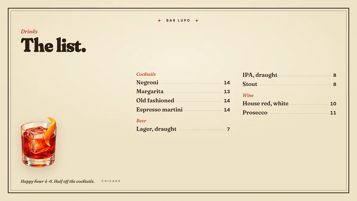A drink menu template with the prices already in. — Screen 16:9