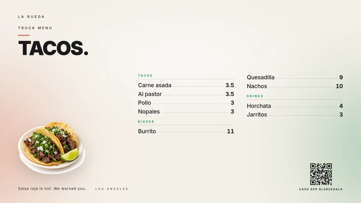 A food truck menu template you read from the line. — Screen 16:9