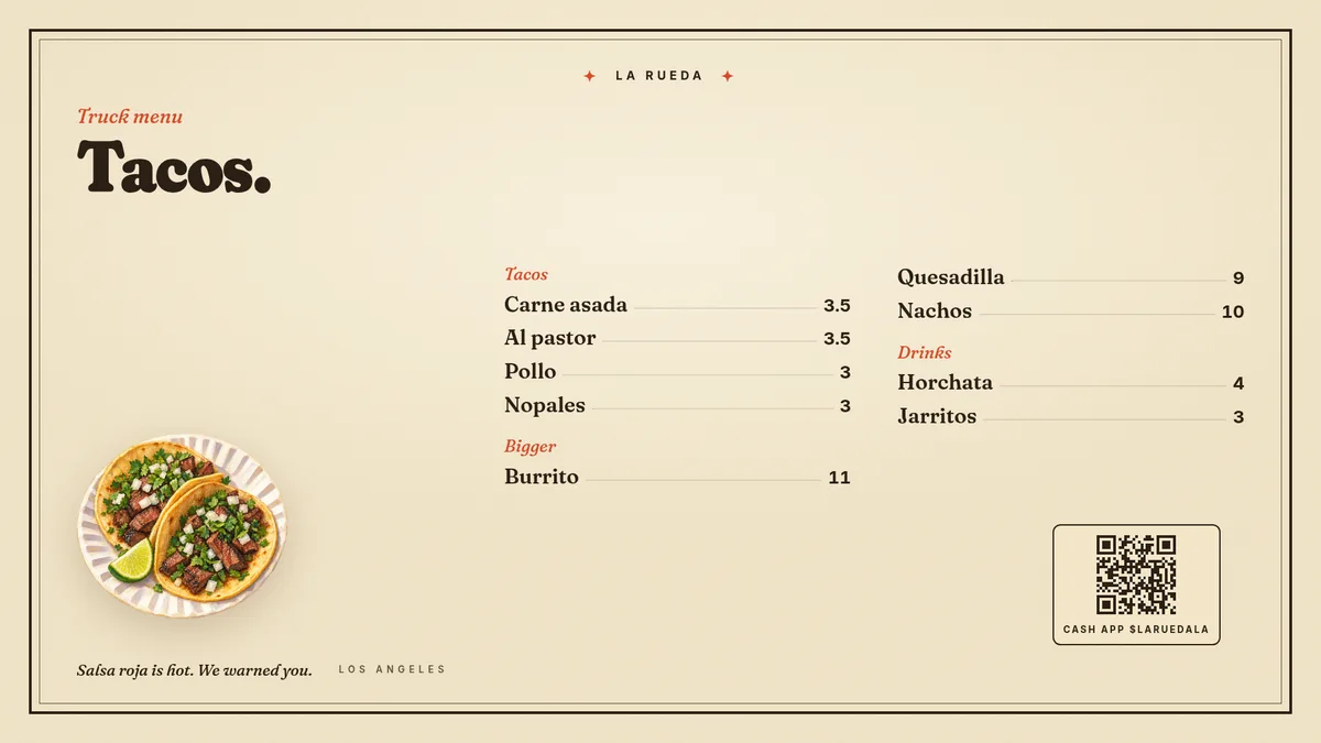 A food truck menu template you read from the line. — Screen 16:9
