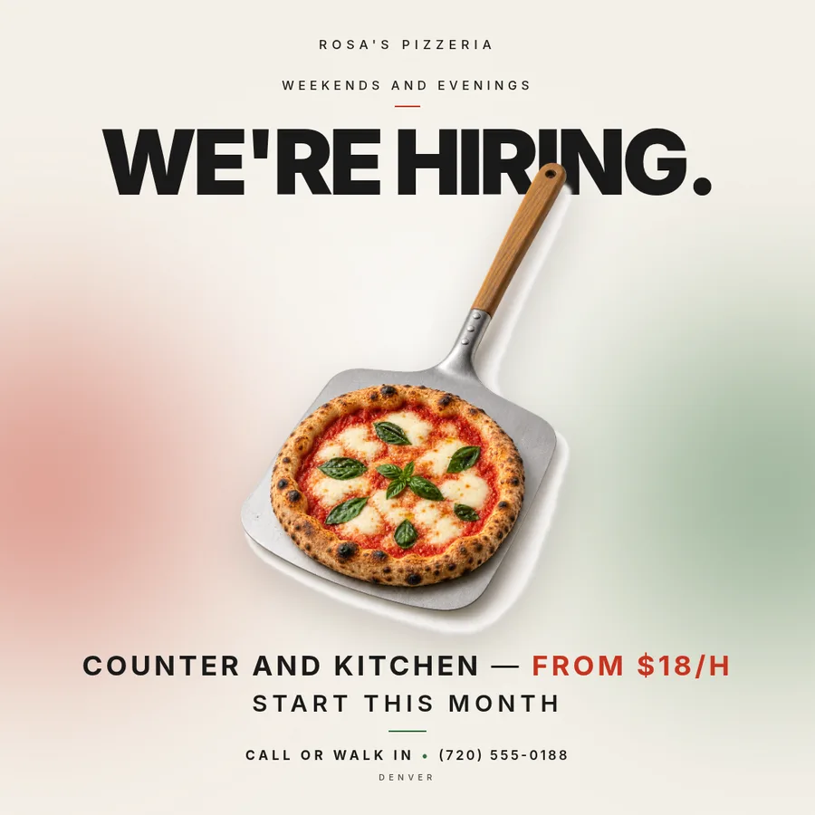 A now hiring flyer that says the wage.