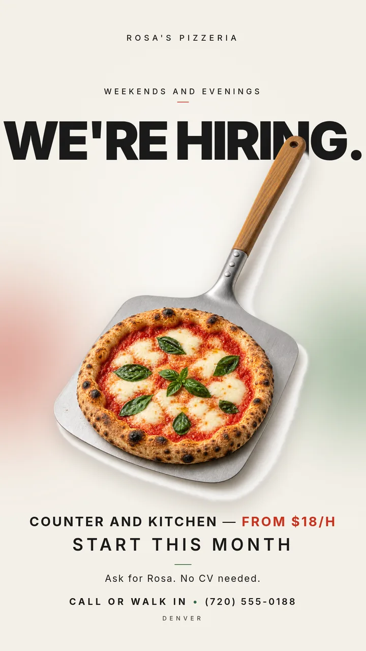 A now hiring flyer that says the wage. — Story