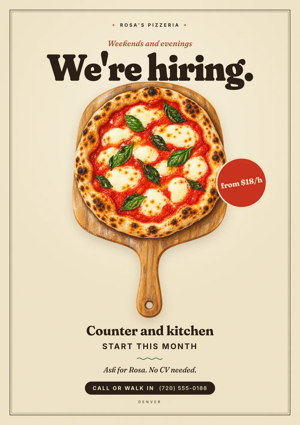 A now hiring flyer that says the wage. — The Folksy