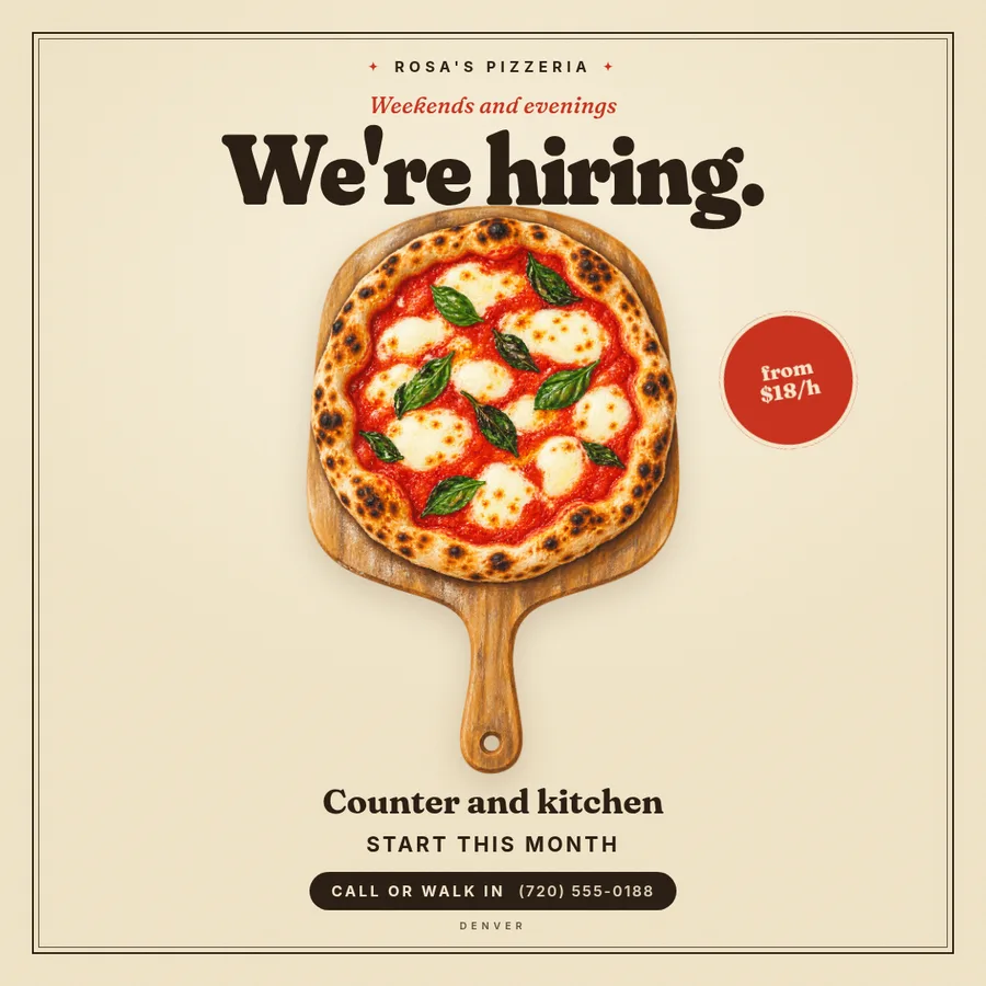 A now hiring flyer that says the wage. — Square
