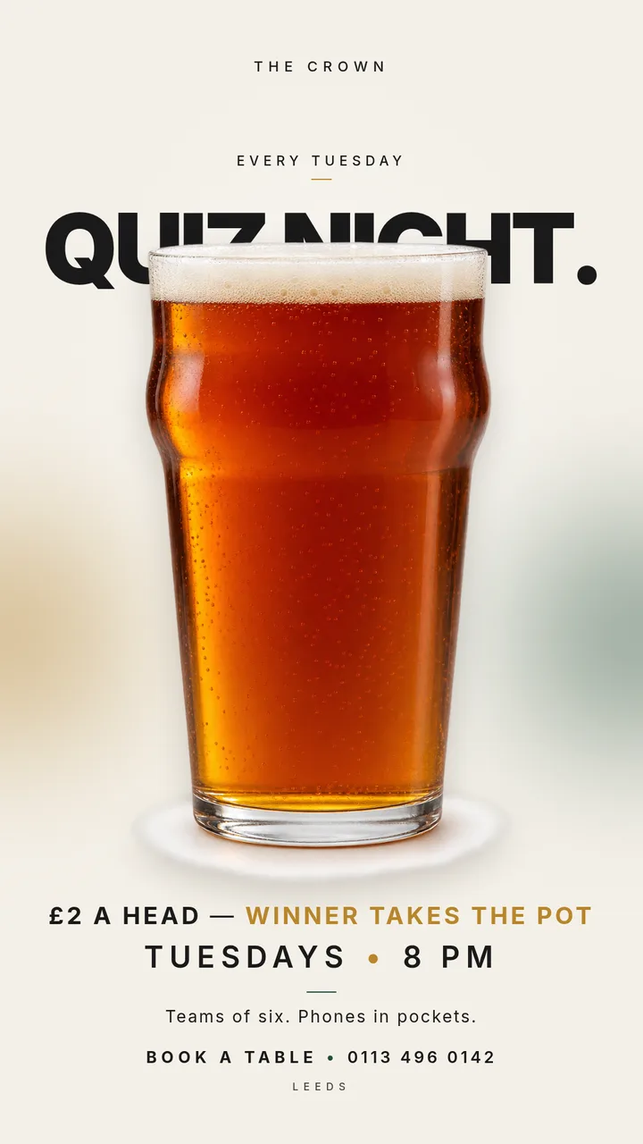 A quiz night poster, without the question marks. — Story