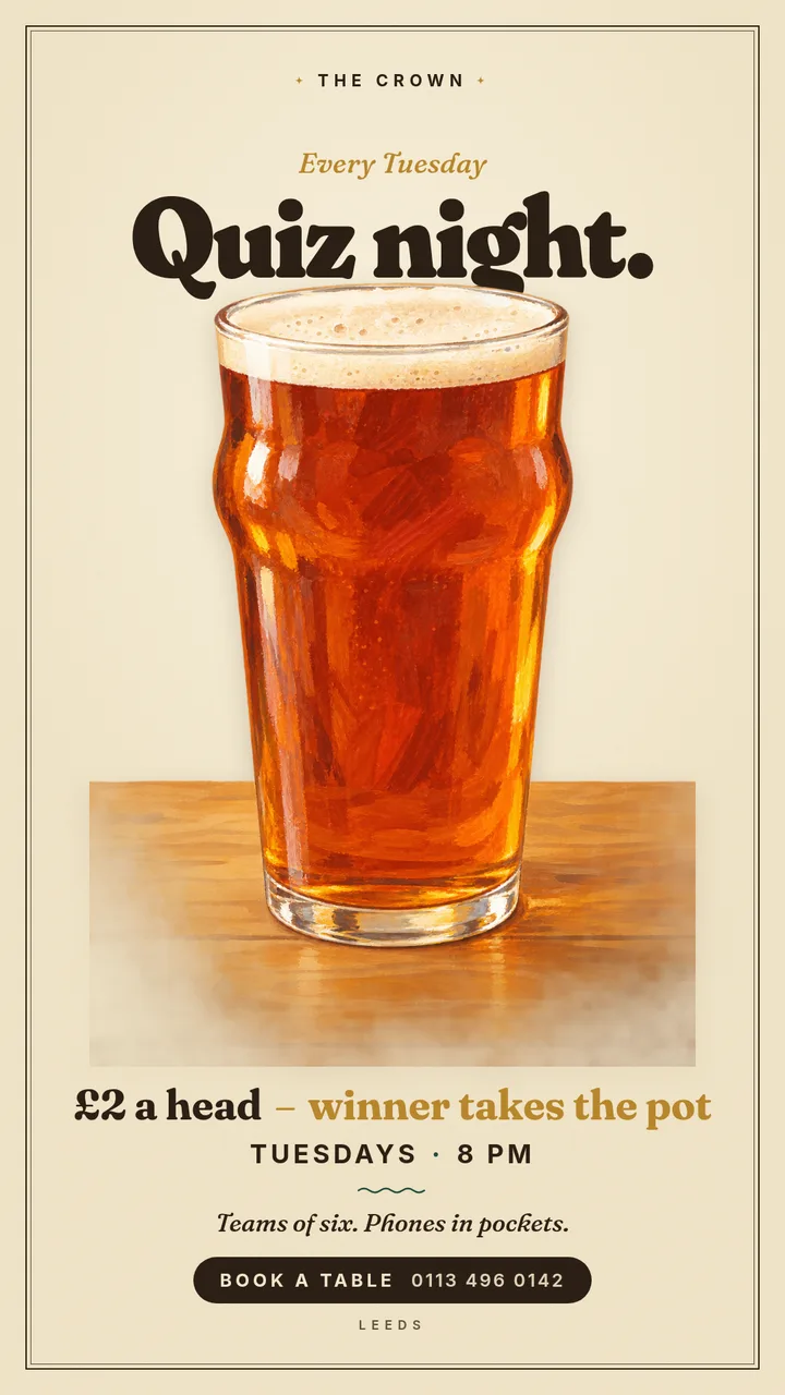 A quiz night poster, without the question marks. — Story